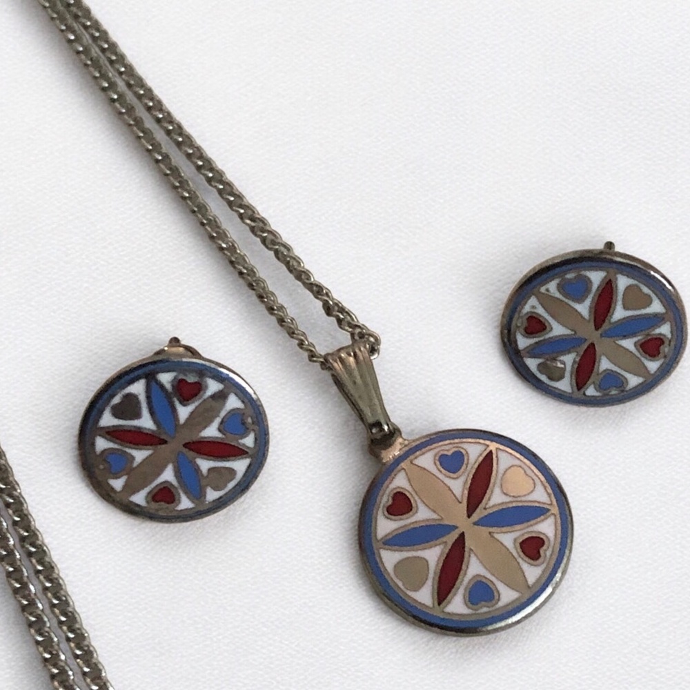Pennsylvania Dutch Enamel Hex Earrings & Pendant Necklace Set